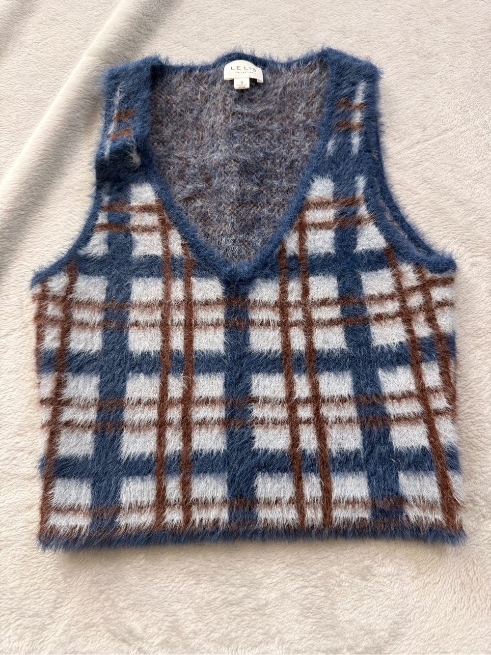 Le Lis Blue and Brown Plaid Fuzzy V-Neck Sweater Vest